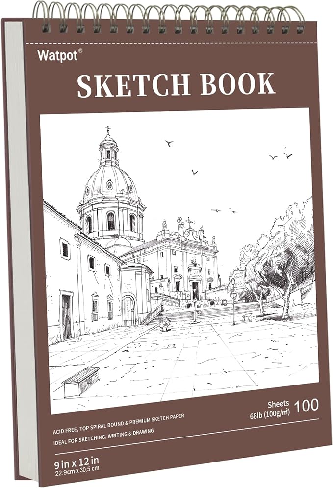 9" x 12" Hard Cover Sketch Book, Top Spiral Bound Sketch Pad, 100 Sheets 68lb/100gsm Drawing Paper, 1 Pack