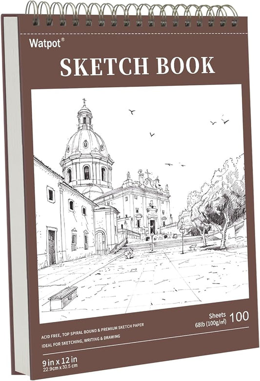 9" x 12" Hard Cover Sketch Book, Top Spiral Bound Sketch Pad, 100 Sheets 68lb/100gsm Drawing Paper, 1 Pack