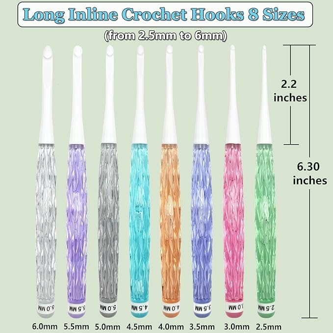 Hobekoee Inline Crochet Hooks Set,8PCS Plastic Crochet Hooks Long Crochet Hook Set with Case,Colorful Non-Slip Crochet Needles for Crocheting Yarn,Size 2.5mm-6mm