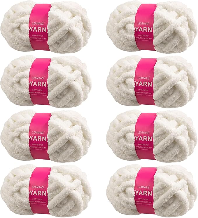 Chunky Yarn for Hand Knitting and Blankets – Super Soft Jumbo Chenille Yarn Pack for Crocheting, Bulky DIY Projects, 8 Skeins(Cream)