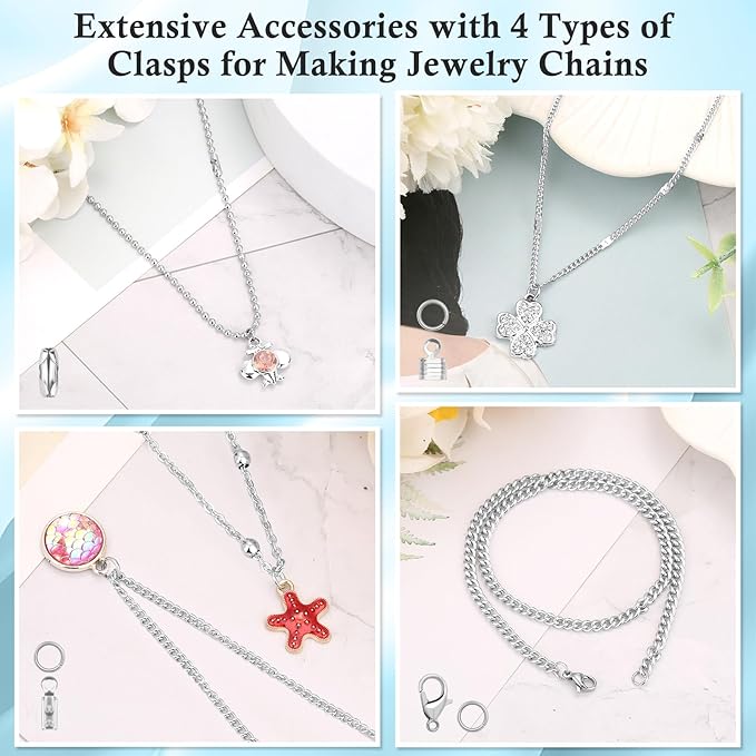 ROADPLUM 14Roll Silver Jewelry Making Kit - 102Ft Necklace Chains (Copper & Stainless Steel) with 2 Jewelry Pliers, 260+ Lobster Clasps, Jump Rings & Connectors