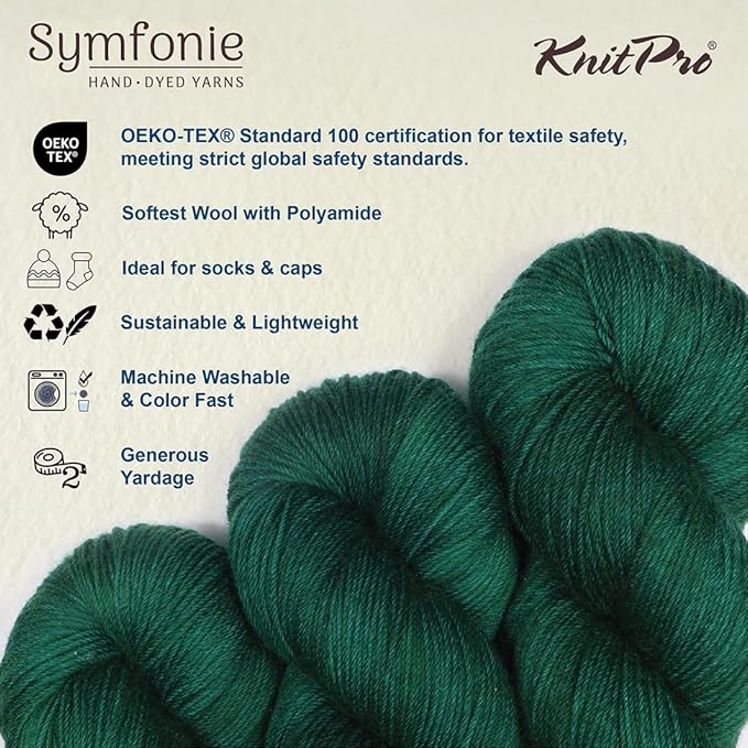 KnitPro Symfonie Fingering Weight Hand Dyed Semi-Solid Yarn Skein | Extra Fine Merino Wool & Polyamide Blend for Knitting & Crocheting, Oeko-TEX Certified 400m, 100g | Terra Deep Emerald