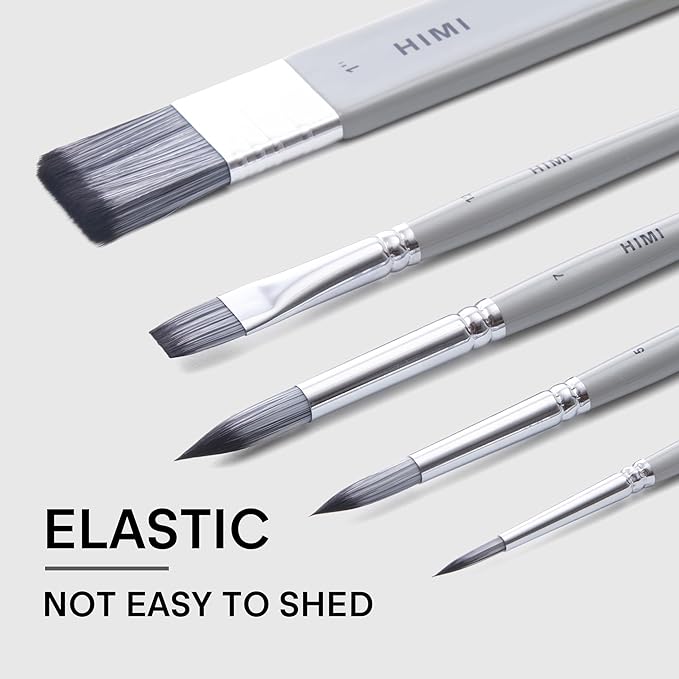 HIMI Watercolor Paint Brush Set, 5 Pcs – 1 Flat, 3 Round, 1 Wide Flat – Professional & Beginner Artist Paint Brushes for Watercolor, Unique Design Gift for Art Lovers
