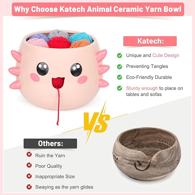 Katech Axolotl Yarn Bowl for Knitting, Yarn Holder for Crocheting, Large Cute Crochet Bowls Wool Storage for Knitter & Crocheter Tangle-Free Crafting, Gifts for Crocheters