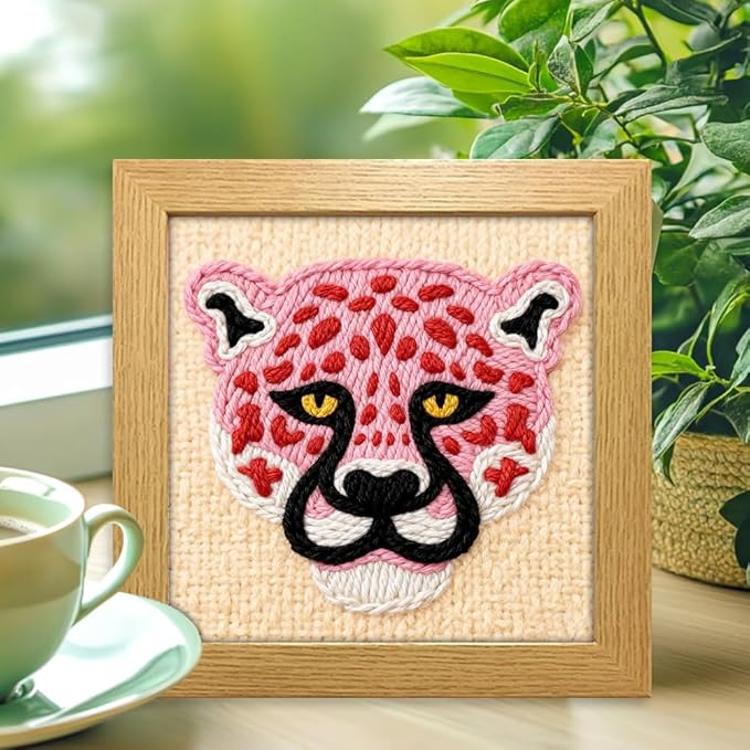 INFUNLY Punch Needle Frame Kits Pink Leopard Punch Needle Embroidery Set with Patterns 9.4x9.4 DIY Punch Needlework Kit for Beginners with Yarn Fabric Festival Gift Home Decor