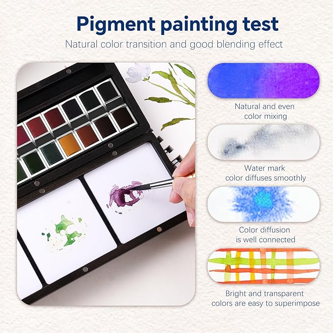 Fuumuui Watercolor Paint Set, 24 Watercolor Paints with Dual Tip Travel Watercolor Brushes Wooden Palette, Art Supplies for Painting, Travel Watercolor Set, Amateur Hobbyists