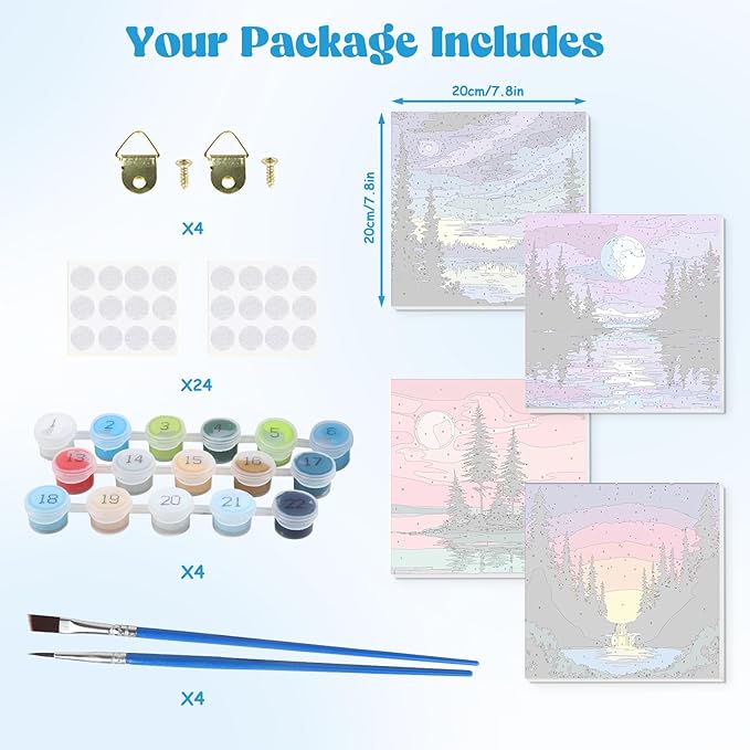 Lxmsja 4 Pack Fantasy Moon Lake Paint by Numbers Kit for Adults, Easy Framed Paint by Numbers for Adults Beginner, DIY Acrylic Oil Painting Craft Kits for Home Wall Decor 8x8 inch