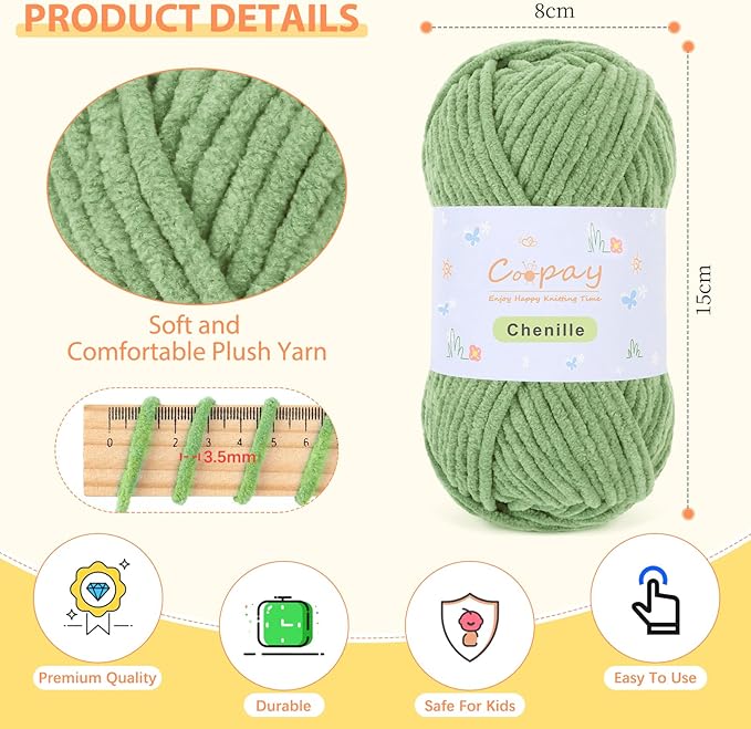 Coopay Chenille Yarn for Crocheting, 8 Pack Medium Weight Yarn - CYC #4 - Total 520yd, Soft Crochet Yarns for Plush Toys, Blankets, Scarves (Green)