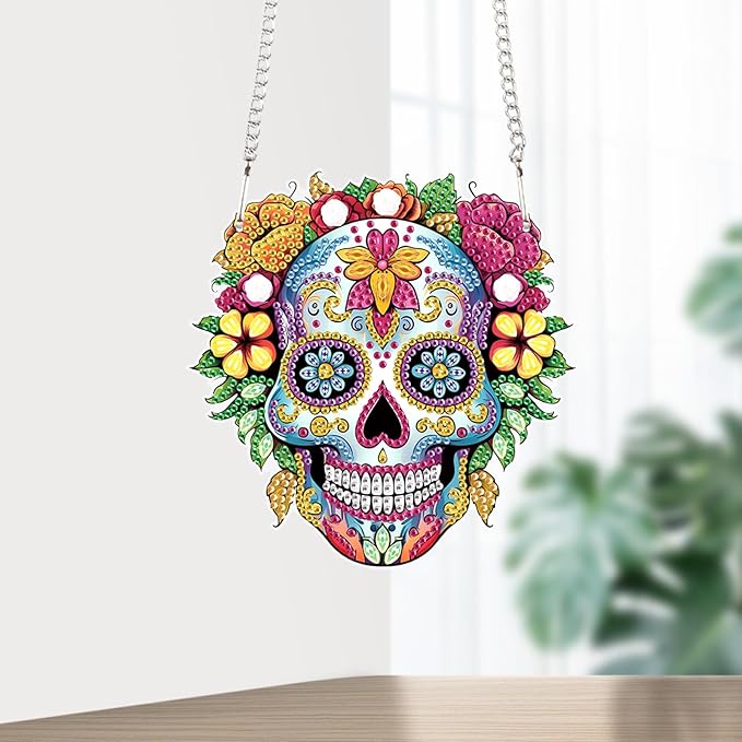 DIY 5D Diamond Painting Hanging Ornament, Skull Design Diamond Art Pendant for Wall, Door, or Window Decoration, Crystal Rhinestone Kit for Halloween, Birthday or Festival Gifts