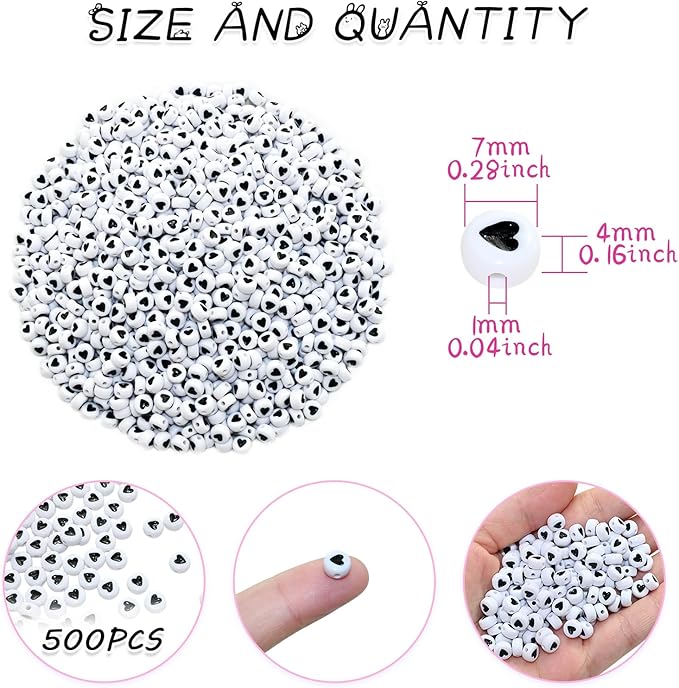 Amaney 500Pcs 7x4mm White Acrylic Black Heart sheap Round Beads Mixed Colors Plastic Loose Beads for Jewelry Making Bracelets Necklaces Key Chains