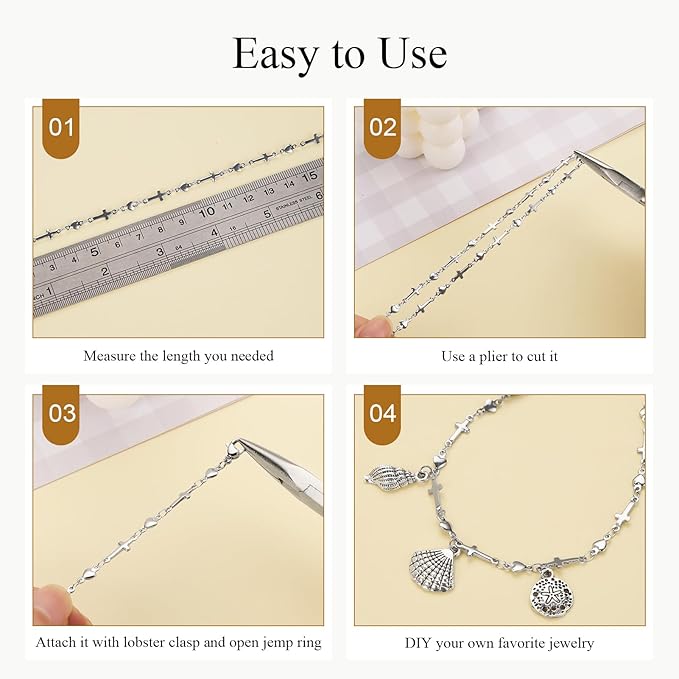 Jabogrii 4 Meters Cross Heart Chain Bulk Stainless Steel Chain for Jewelry Making Silver DIY Craft Jewelry Making Supplies