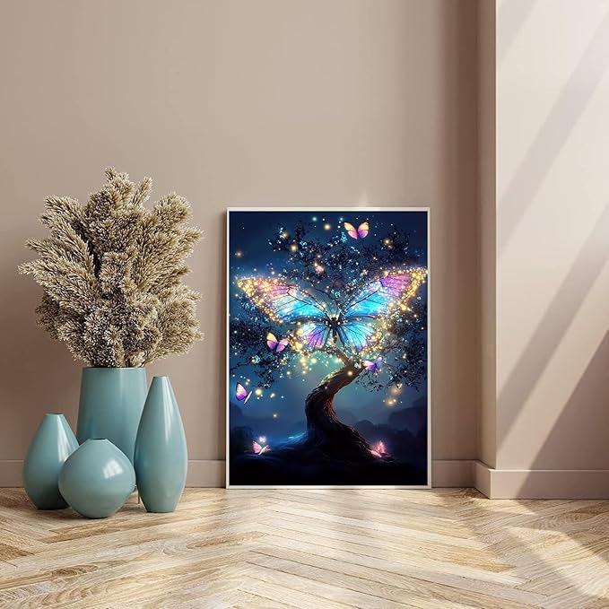 WUDWL Diamond Art Kits for Adults, Butterfly-Tree of Life DIY Modern Diamond Painting Kits 5D Diamond Dots Gem Art Crafts with Tools, Round Full Drill Crafts for Home Wall Decor&Gift-12x16in
