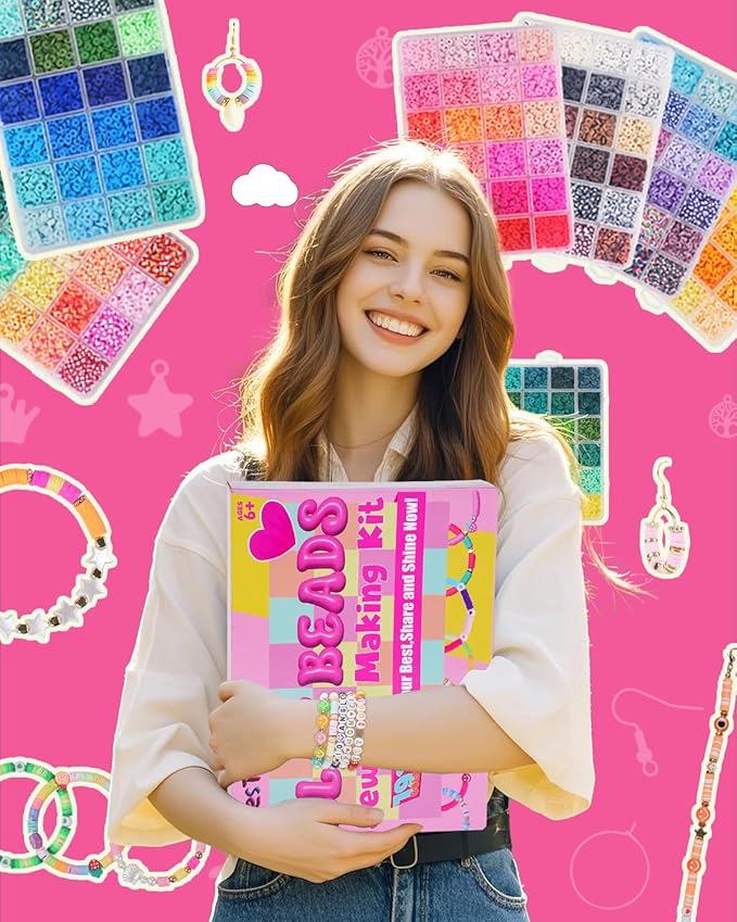 BestNow Clay Beads Bracelet Making Kit 192 Colors Flat Polymer Heishi Beads Set for Friendship Jewelry Making with Pendant Charms Crafts Gifts for Girls Ages 6 7 8 9 10 11 12 Kids Adults