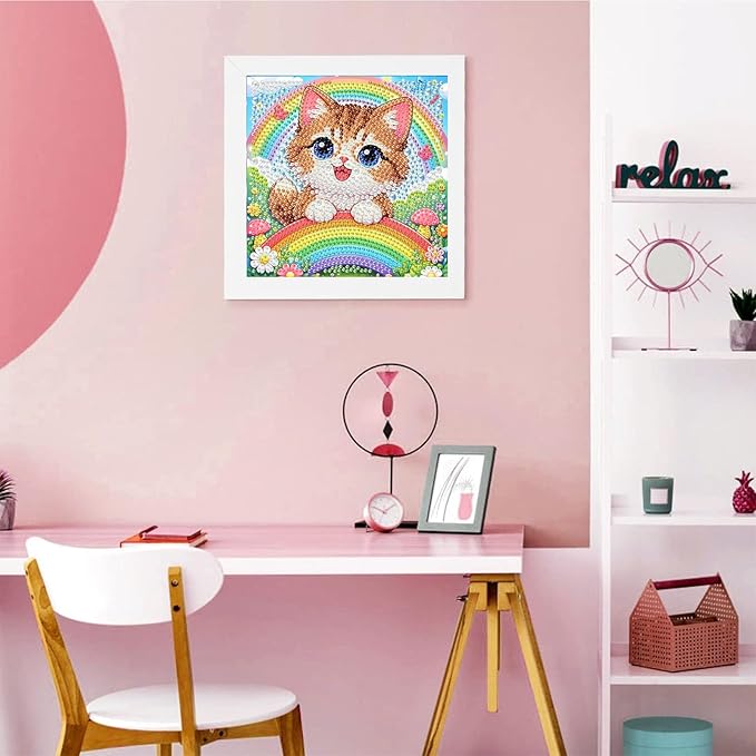 Cat Diamond Art Painting Kits for Kids with Frame, Animal Diamond Art for Kids Ages 4-8-12 with Frame, Easy Small Cute Gem Painting Kit for Gift Home Wall Decoration (7x7 inch)