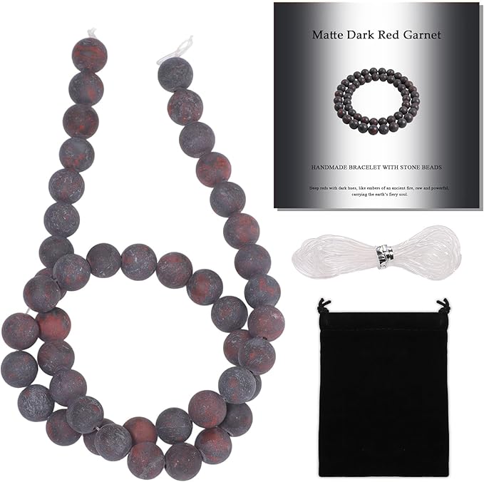 Stone Beads, 45pcs Matte Dark Red Garnet, 8mm Round Loose Beads for Jewelry Making, Bracelets, with Bag, String & Card