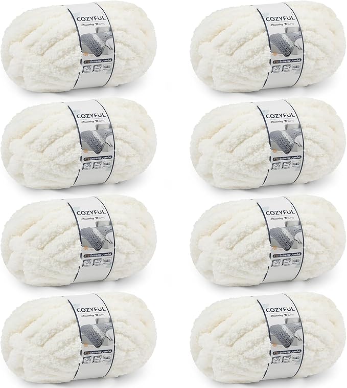 Chunky Yarn for Hand Knitting - #10 Chunky Chenille Yarn, Jumbo Big Thick Chunky Yarns for Crocheting, Super Bulky Chunky Knit Blanket Yarns, 8 Skein (25 yds 8 oz Each Skein), Cream