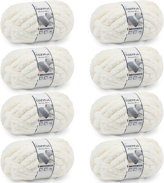 Chunky Yarn for Hand Knitting - #10 Chunky Chenille Yarn, Jumbo Big Thick Chunky Yarns for Crocheting, Super Bulky Chunky Knit Blanket Yarns, 8 Skein (25 yds 8 oz Each Skein), Cream
