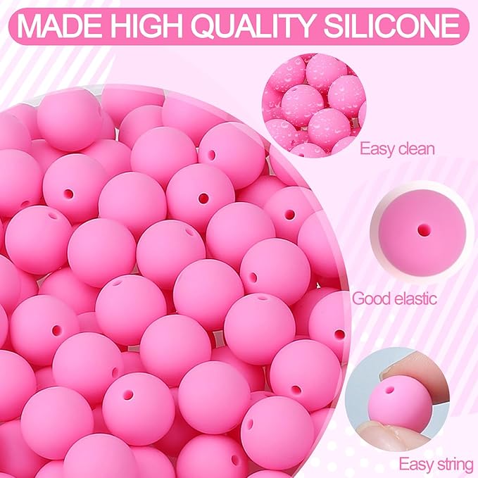 MAIBAOTA 120 Pcs Pink Silicone Beads (15 mm) for Keychain, Pens, Bracelet, Necklace Making - Bulk Pack with Boxed Kits