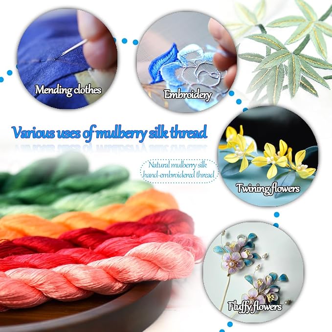 Natural 100% Silk Thread, Handmade Embroidery Thread Silk Floss 8 Colors 110m Each (45)