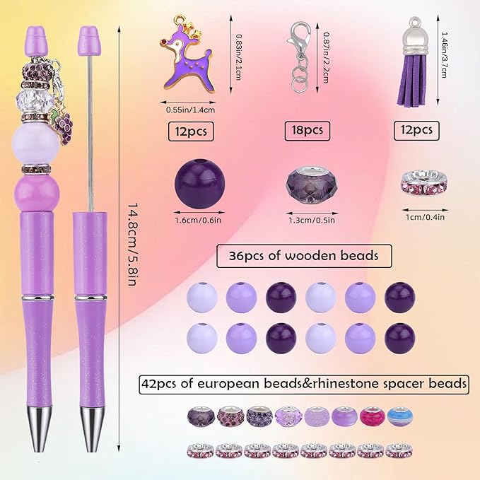 12pcs DIY Beadable Pens Bulk Pens for Beads Beaded Pen Kit for Students Teacher Office Supplies DIY Making Gifts(Purple)