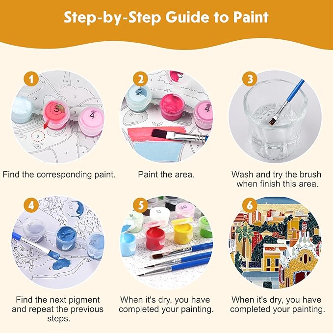 NEWENMO 4 Pack Paint by Numbers Kit for Kids Beginner with Wooden Frame, Beautiful Coast Village, Paint by Numbers Kit for Adults, Park and Cityscape, DIY Painting Kits for Home Wall Decor 8x10 inch
