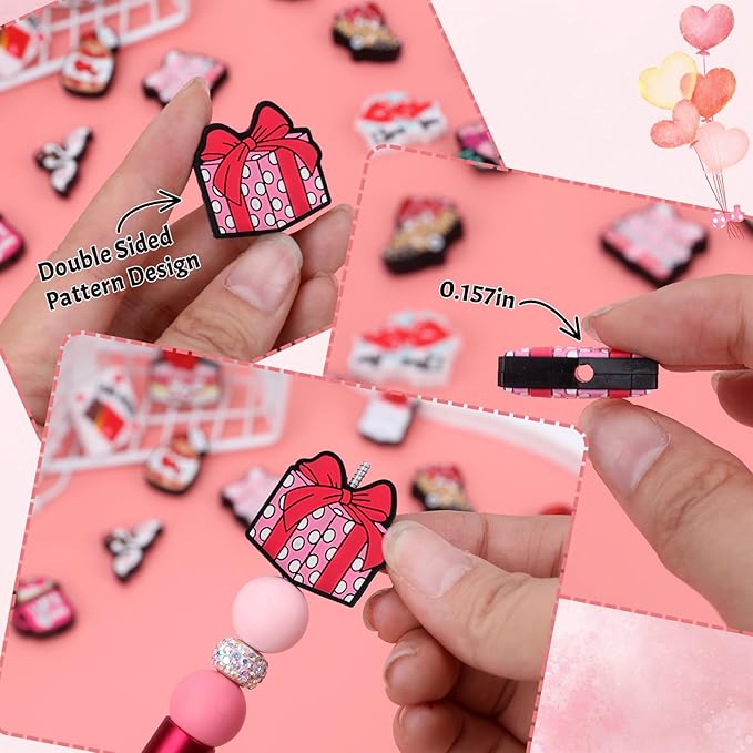 12PCS Valentine Silicone Beads for Pens, 12Pcs Silicone Focal Beads for Keychain Making DIY Handicraft（Valentine）