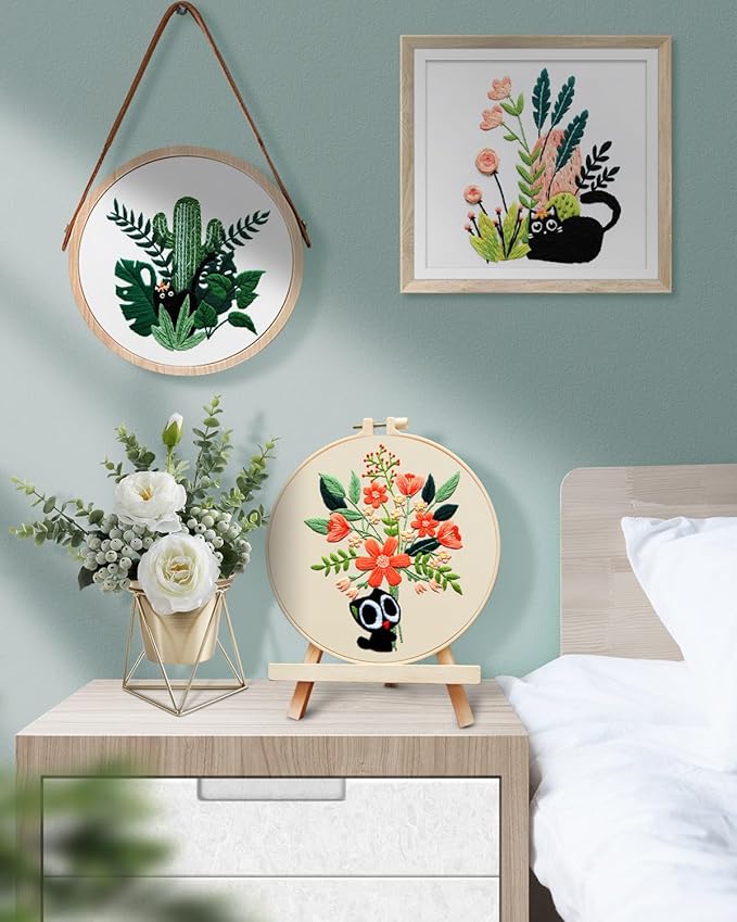 TINDTOP Embroidery Kit for Adults, Embroidery Kit for Beginners Include Embroidery Cloth Hoops Threads for Craft Lover Hand Stitch with Embroidery Skill Techniques (Black Cat)