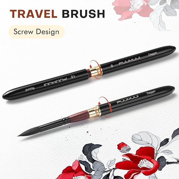 Dual Tip Travel Watercolor Brushes, Fuumuui 3pcs Synthetic Squirrel Hair Set of 6 Versatile Tips with Leather Pouch Perfect for Watercolor Gouache Ink Painting