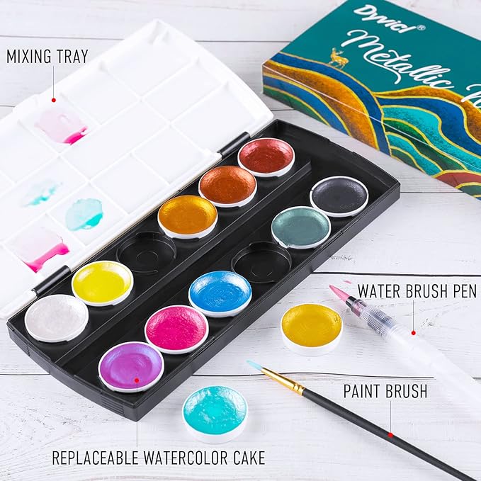 Dyvicl Metallic Watercolor Paint Set, 12 Shimmer Colors with Water Brush, Glitter Watercolors for Painting, Illustrating, Card Making, Coloring Books