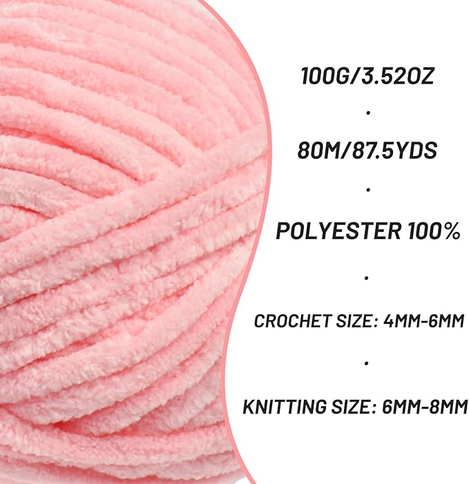 3 Pack Fluffy Chenille Yarn for Crocheting, Chunky Velvet Yarns for Crochet Amigurumi, Baby Yarn for Crocheting Soft Blanket, 262.4yds /10.5 oz Bulky Yarns for Crafts/Hats/Shoes/Socks (3 Pink)