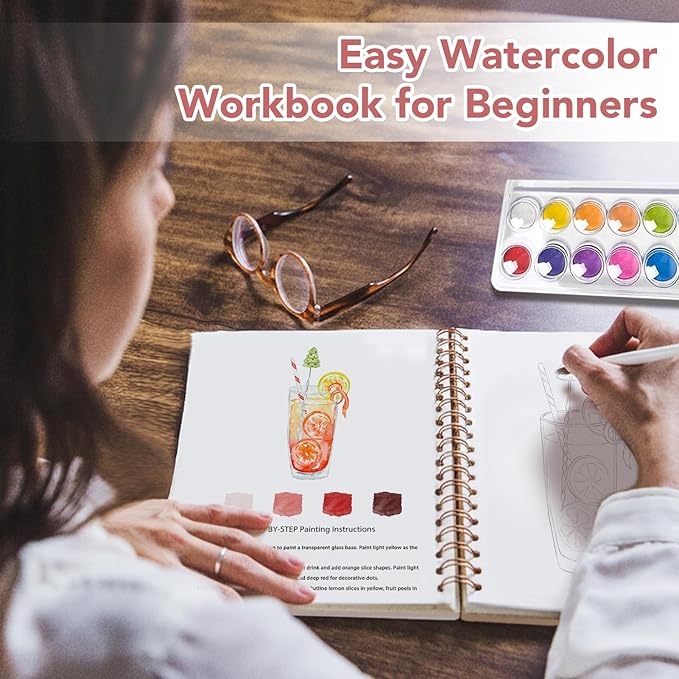 Easy Watercolor Workbook for Beginners - 12 Beautiful Step-by-Step Paintings Water Coloring Book, Includes 16 Colors Paints, Relaxing Art Projects and Creative Gift for Adults & Teen (Cocktails)