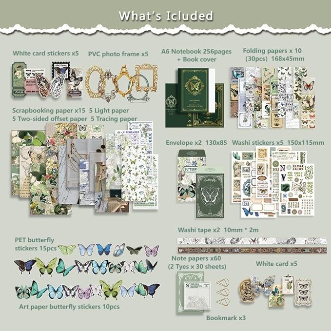 Diuhofart Scrapbook Kits for Adults Women, Aesthetic Stationery Scrap Booking Supples Kit with A6 Grid Notebook for Junk Journal Supplies, DIY Paper Craft Art Materials