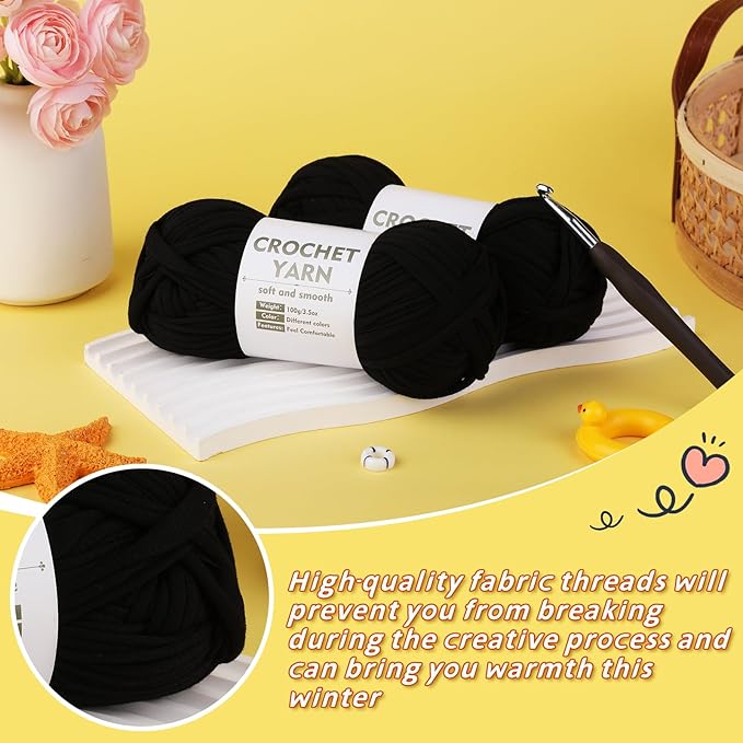 2 Pack T-Shirt Yarn Set, Black Knitting Crochet T Shirt Yarn, Tshirt Yarn Kit for Crocheting, Ribbon Cotton Yarns, Knitting Yarns Ball
