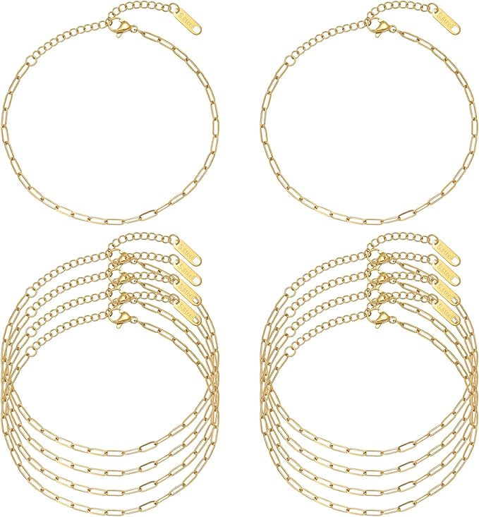 Swyabi 10 PCS Stainless Steel Bracelet Chains for Jewelry Making 6.5Inch Gold Plated Paperclip Chain Bulk with Extender