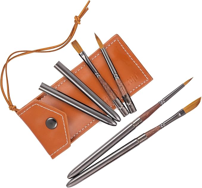Falling in Art Travel Watercolor Brushes, 4 Pcs Travel Paintbrush Set with Leather Pouch for Acrylic, Gouache, Oil and Watercolor Painting