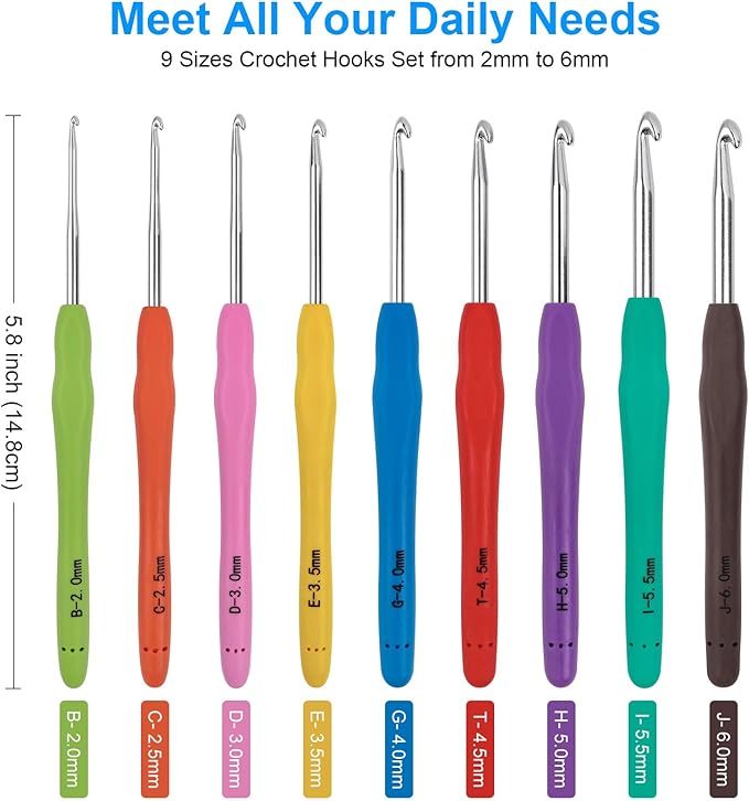 Crochet Hooks 9 Sizes Crochet Hook Set, 49 Pack Yarn Crochet Kit for Beginners, Knitting Needles with Ergonomic Handles for Arthritic Hands, Crochet Needle Kit with Blue Case for Crocheters