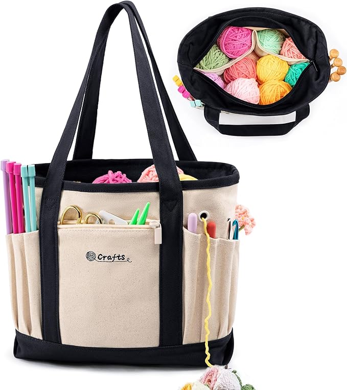 Canvas Yarn Storage Organizer Bag Washable Crochet Bag with Pockets for Yarn, Hooks, Needles – Travel Knitting Tote for Crafters – Gift for Crocheters & Knitters (Medium/Large)