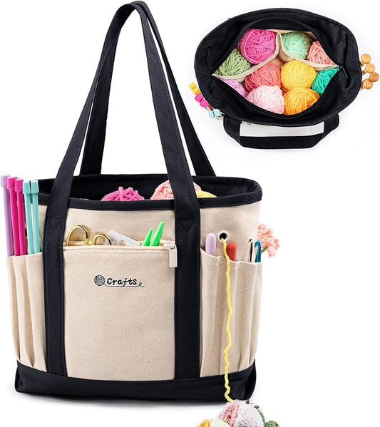 Canvas Yarn Storage Organizer Bag Washable Crochet Bag with Pockets for Yarn, Hooks, Needles – Travel Knitting Tote for Crafters – Gift for Crocheters & Knitters (Medium/Large)