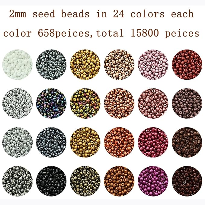 12/0 Glass Seed Beads About 15800pcs 24 Colors 2mm Loose Seed Beads Kit Bracelet Making with 24-Grid Plastic Storage Box for Jewelry Making（24 Colors）