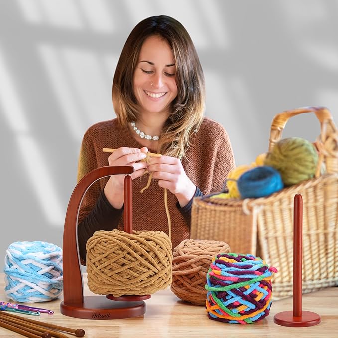 Model Magnetic Pendulum Wooden Yarn Holder for Crocheting, Yarn Storage Organizer, Delightful Surprise Gift for Knitting Lovers by ARTOWELL (Mahogany-Colored, Enlarged Size)