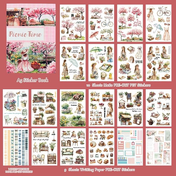 Pre-Cut Picnic Time Scenery Women Sticker Book for Journaling, 20 Sheets A5 PET Washi Paper Materials Stickers for Scrapbooking, Junk Journal Supplies, Planner, Collage