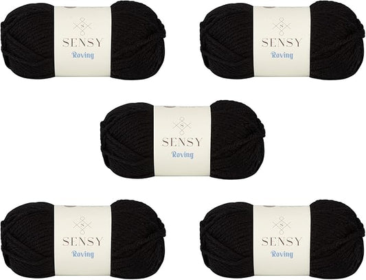 5 Skeins of Sensy Roving Yarn, 3.5 oz, 132 Yards, Gauge 5 Bulky (Black)