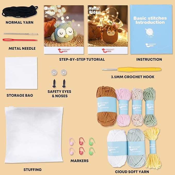 CrochetBox Crochet Kit for Beginner, Highland Cow and Owl Learn How to Crochet Stuffed Animals Gift for Adults and Teen(), Knitting Set with Yarn Hook Stitch-by-Stitch Video Tutorial
