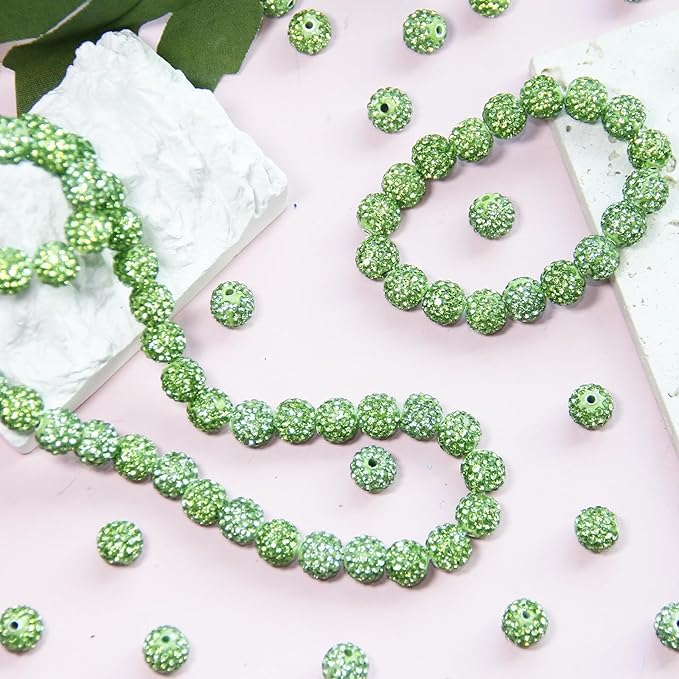 200 Pcs 10mm Rhinestone Beads for Jewelry Making, Light Green Shiny Round Shamballa Disco Baseball Necklace Beads Sparkle Crystal Clay Pave Rhinestones Bead for DIY Bracelet Earring Making Supplies