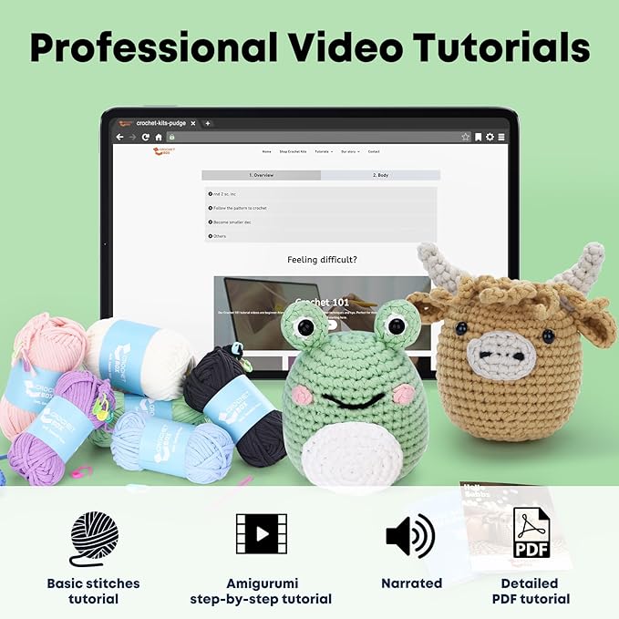 CrochetBox Crochet Kit for Beginner, Highland Cow and Frog Learn How to Crochet Stuffed Animals Gift for Adults and Teen(), Knitting Set with Yarn Hook Stitch-by-Stitch Video Tutorial