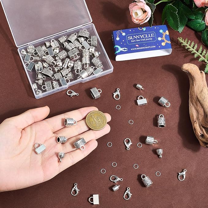 SUNNYCLUE 1 Box 230Pcs Kumihimo End Caps Cord End Caps Antique Silver Jewelry Findings Kit Leather Crimps Lobster Claw Clasps Open Jump Rings for Jewelry Making Accessories DIY Crafts Supplies