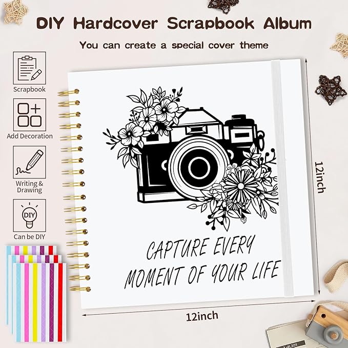 Scrapbook Album 12x12 inch, Travelling Journal Scrap Book Family Scrapbook Scrapbooking Supplies Kits Gift for Couples Anniversary Wedding (white, 12 x 12 inch)