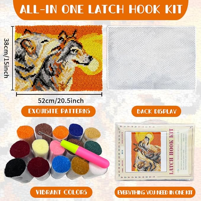 ORIGACH Wolf Latch Hook Rug Kit for Adults Printed Rug Making Kit Handmade Carpet Tapestry Cover with Hook Latch and Preprinted Canvas, Home Arts Crafts Sofa Decor, 20.5x15inch