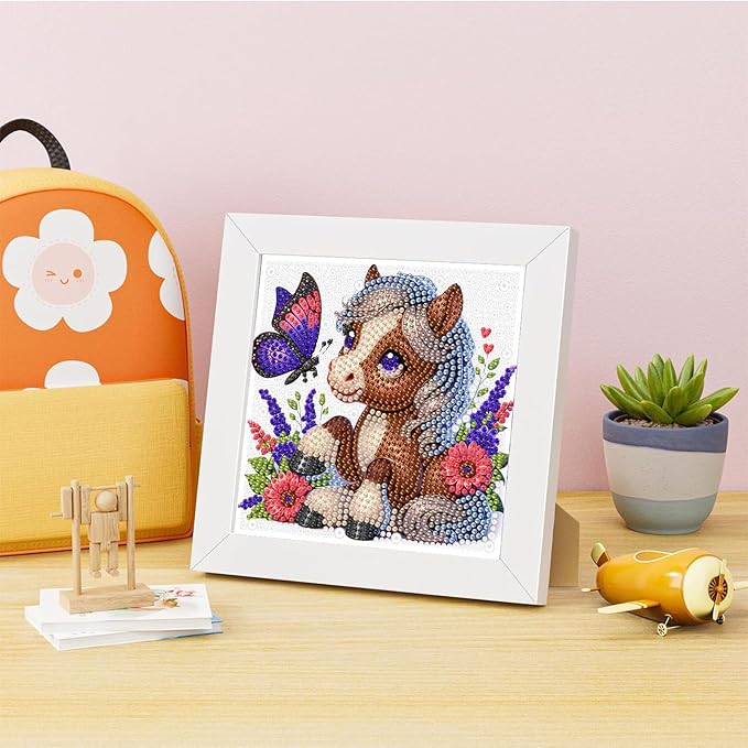 Horse Diamond Art Painting Kits for Kids with Frame, Animal Diamond Art for Kids Ages 4-8-12 with Frame, Easy Small Cute Gem Painting Kit for Gift Home Wall Decoration (7x7 inch)