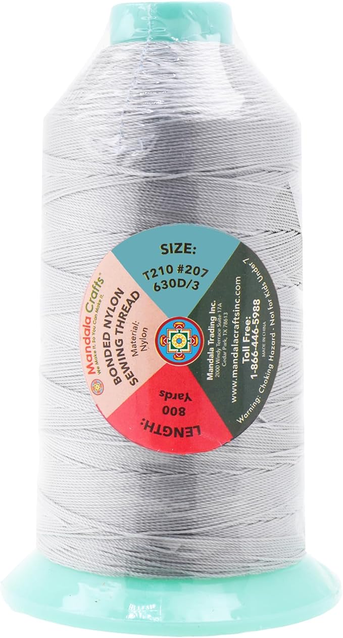 Mandala Crafts Size 207 630D T210 Bonded Nylon Thread - Silver 800 YDs Tex 210 Heavy Duty Sewing Threads for Leather, Jeans, Weaving, Outdoor Marine Upholstery